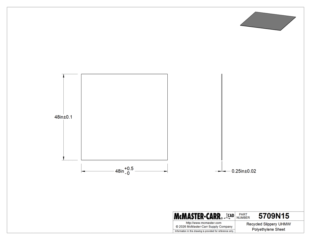 Technical Drawing of Recycled Slippery UHMW Polyethylene Sheet, Antistatic, 48" x 48", 1/4" Thick.
